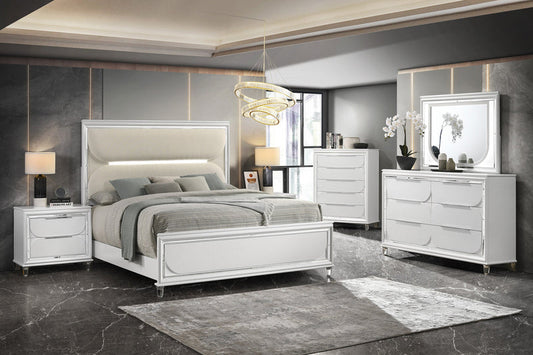 Eden White Boucle Upholstered LED Panel Bedroom Set 2 nigh stands no chest