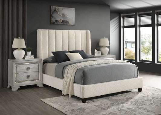 5264  White Boucle Queen Upholstered Bed