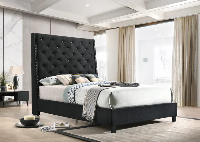 5265 Chantilly Black Velvet Queen Upholstered Bed