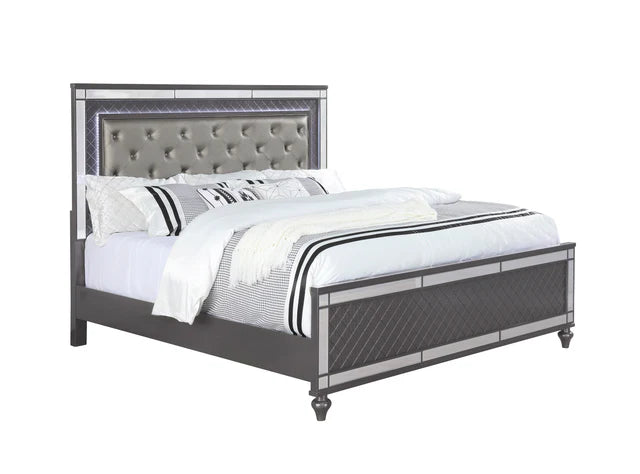 Refino Gray LED Upholstered Panel Bed