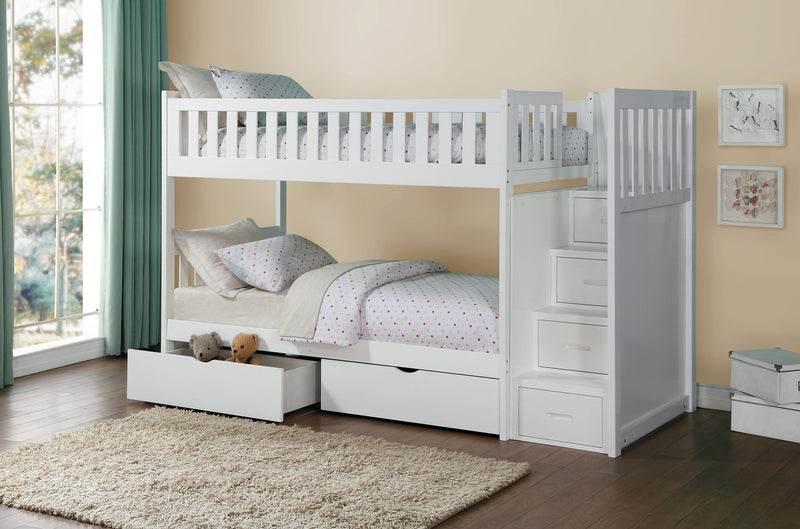 Galen White Twin/Twin Step Bunk Bed with Storage Boxes