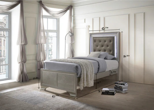 Lyssa Champagne Twin LED Upholstered Panel Bed