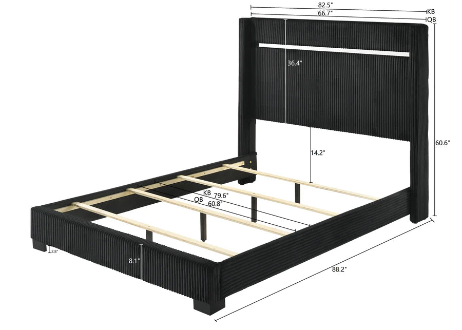 B9295 Black Corduroy Upholstered Panel Bed