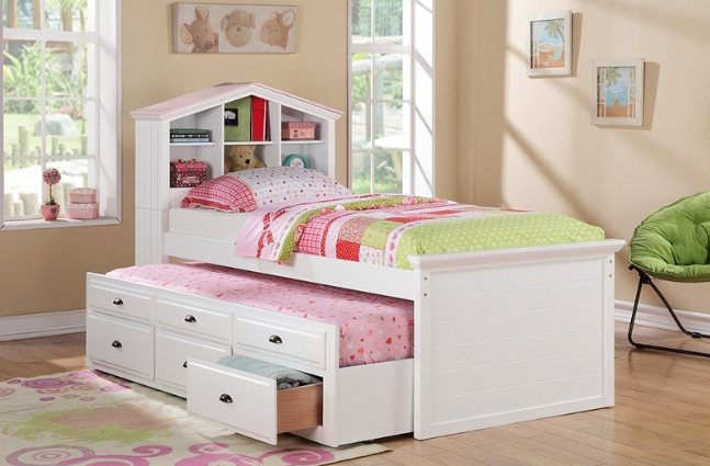 F9223 TWIN BED+TRUNDLE W/ SLATS WHITE