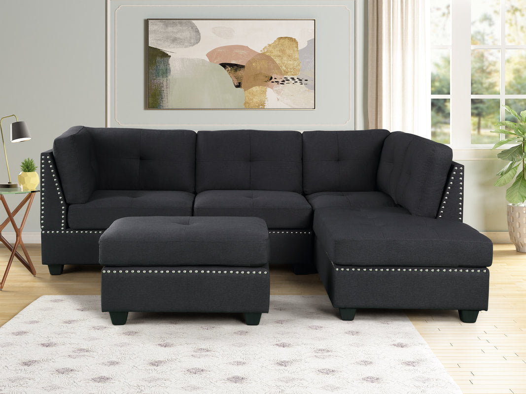 Sienna22 (Black-Linen) Sectional + Ottoman Set