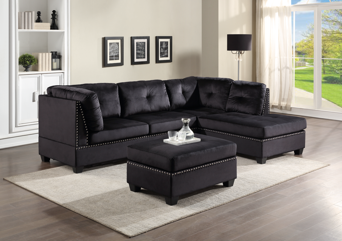 Sienna - Black Velvet Sectional + Ottoman Set (ETA: 5/17)